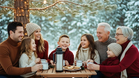 Happy family with two kids drinking tea and having fun in winter forestの素材