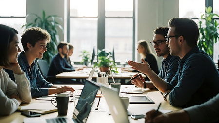 Group of business people in smart casual wear working together in modern office.の素材