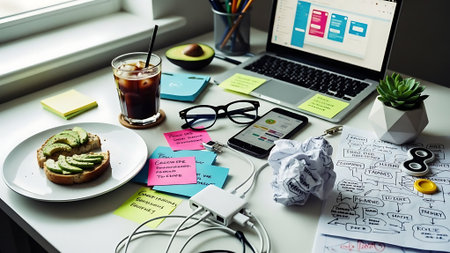 Workplace with a laptop, coffee and other items on the tableの素材