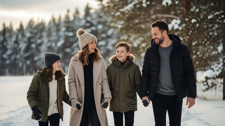 happy family walking in winter forest, looking at each other and smilingの素材