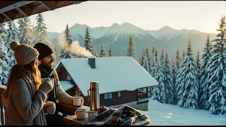 A man in a hat and a sweater with a mug of hot drink on the background of the mountains.の素材
