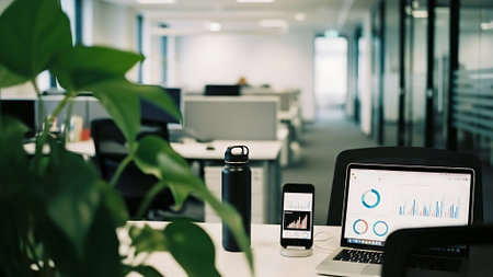 Laptop and mobile phone with financial chart on screen in modern officeの素材