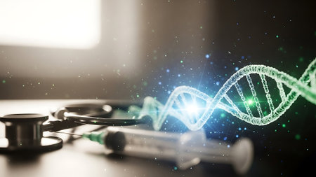 Medical stethoscope and DNA molecule on dark background 3D renderingの素材