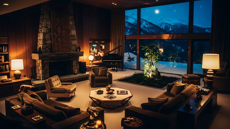 Interior of a modern living room at night in the mountains.の素材
