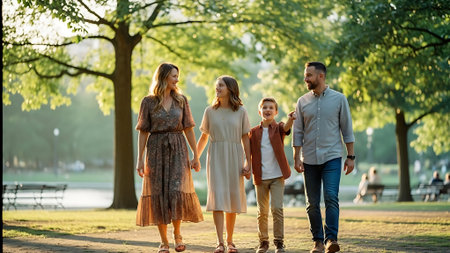 happy family holding hands and walking in park on sunny summer day during vacationの素材