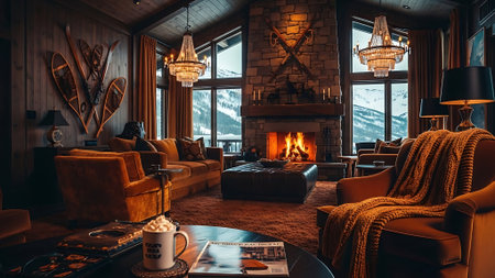 Interior of a cozy house with a fireplace and a sofa.の素材