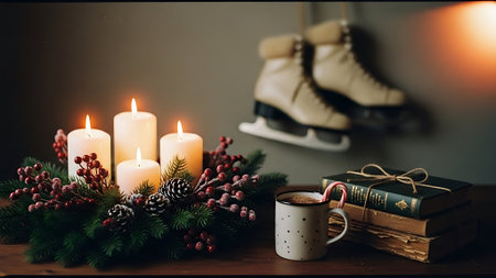 Christmas and New Year decoration with candles, cup of coffee, book and ice skatesの素材