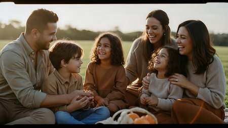happy family sitting in car trunk and looking at camera during picnic in parkの素材