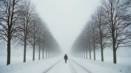 Man walking on a winter road in the fog. 3d renderingの素材
