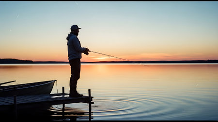 Fisherman with a fishing rod on the lake at sunset.の素材