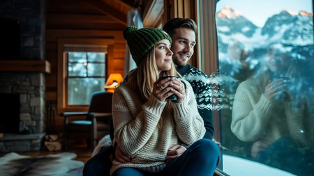 Beautiful young couple in warm sweaters and hats sitting on the windowsill and drinking coffeeの素材