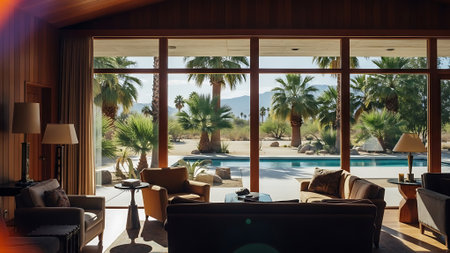 Luxury hotel room with swimming pool and palm trees in backgroundの素材