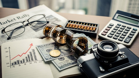 Business still life with camera, calculator, money and graph on tableの素材