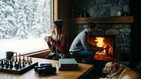 Young couple sitting by the fireplace at home, drinking coffee and looking at each otherの素材