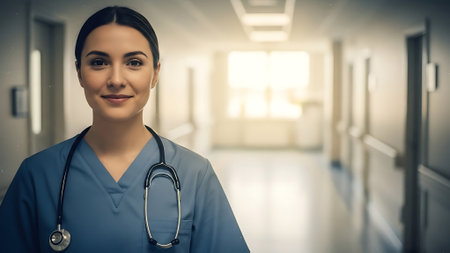 Portrait of a female doctor with a stethoscope in a hospital corridorの素材