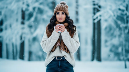Portrait of a beautiful young brunette woman in a winter park.の素材