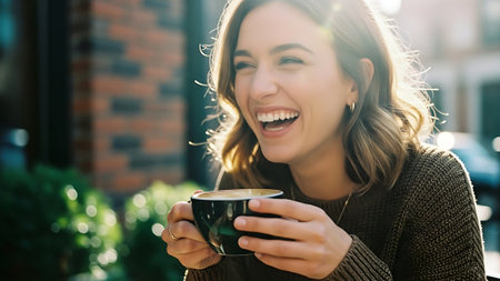 Beautiful young woman drinking coffee in a cafe, she is laughingの素材