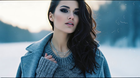 Beautiful brunette girl in a gray coat on a winter backgroundの素材
