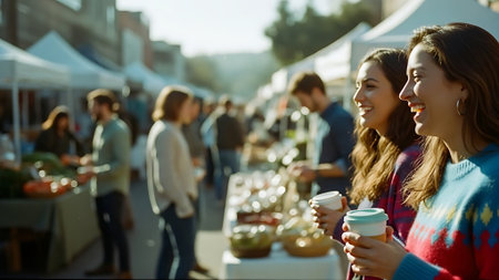 Young women shopping at the local farmers market. Selective focus.の素材