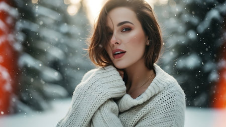 Beautiful young woman in a white knitted sweater on the background of a winter forest.の素材