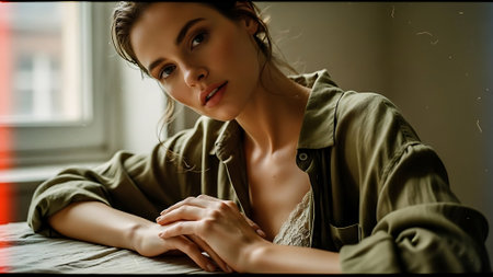 Portrait of a beautiful young woman in a green jacket at the windowの素材