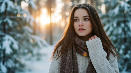 Portrait of a beautiful young woman in the winter forest at sunset.の素材