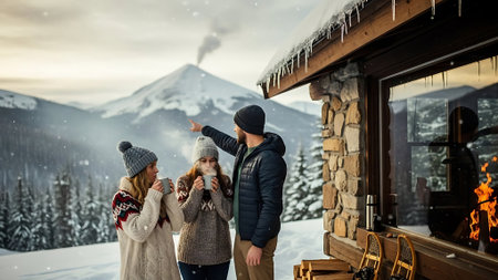 Winter vacation. Couple of young people in warm clothing standing in front of the house in the mountainsの素材