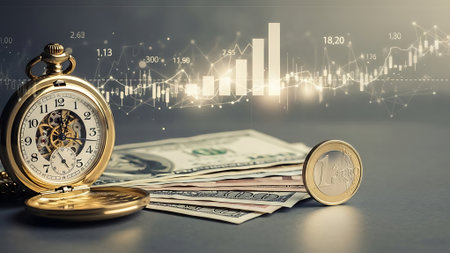 Time is money concept with gold pocket watch and dollar banknotes.の素材