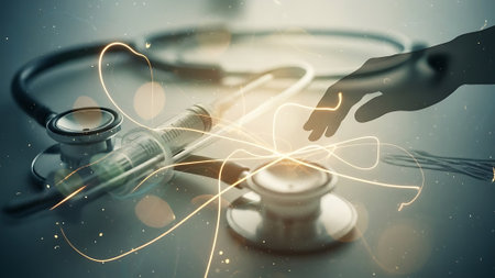 Double exposure of stethoscope and human hand on dark background. Medicine and health care concept.の素材