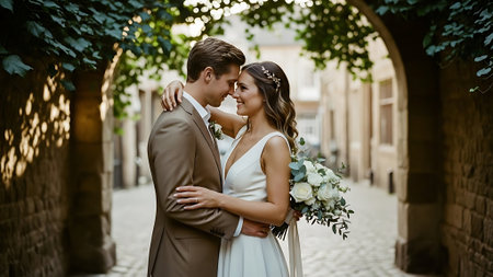 gorgeous wedding couple celebrating their wedding day in the old cityの素材