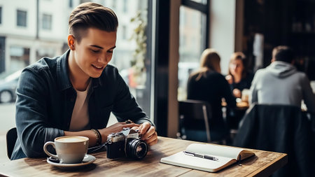 Attractive young man sitting in a cafe with a cup of coffee and a cameraの素材