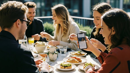 selective focus of waitress taking photo of friends eating sandwiches in cafeの素材