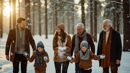 Happy family playing snowballs in winter forest. Father, mother and children having fun together.の素材