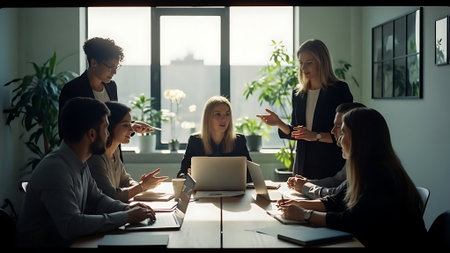 Group of multiethnic business people working together in office. They are sitting at the table and communicating.の素材