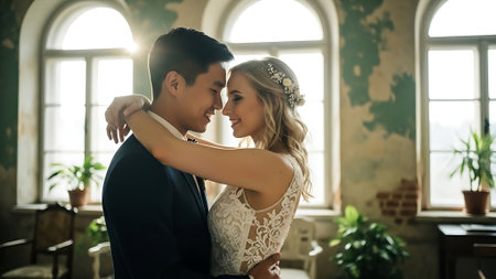 Young couple in love, bride and groom in the interior of a modern houseの素材