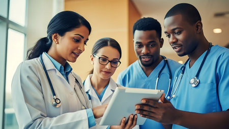 multiethnic medical team using digital tablet at hospital office or clinicの素材