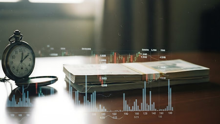 Financial stock market or forex trading graph and candlestick chart suitable for financial investment concept. Economy trends background for business idea and all art work design. Abstract finance background.の素材