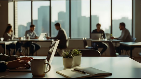 Business people working together in modern office with panoramic windows on backgroundの素材