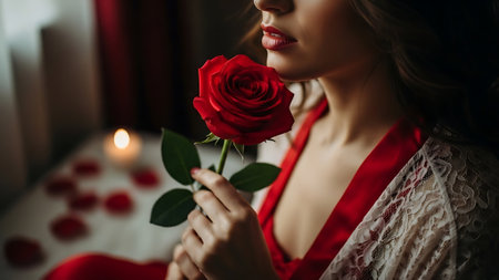 beautiful young woman with red rose in her hand, close upの素材