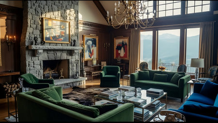 Luxury interior of the living room with a large window.の素材