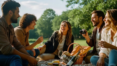 Group of friends having a picnic in the park on a summer day.の素材