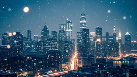 New York City skyline at night with skyscrapers and street lights.の素材