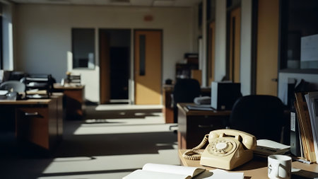 Vintage telephone and books on the table in a modern office.の素材