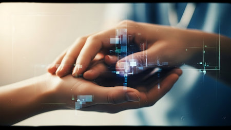 Close up of human hands touching with fingers virtual panel interface. Mixed mediaの素材