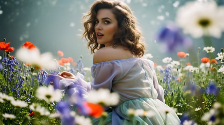 Beautiful young woman with long curly hair sitting in the field of flowersの素材