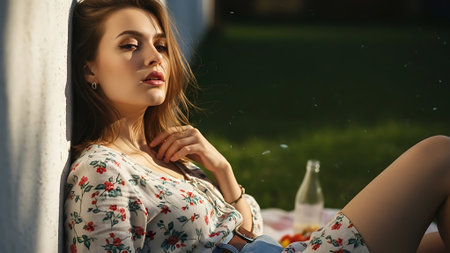 Portrait of beautiful young woman in summer park. Girl sitting on the grass and drinking wine.の素材