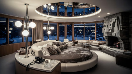 3D rendering of a living room with a view of the mountainsの素材