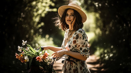 Beautiful young woman with a basket of flowers in the park.の素材