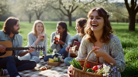 Group of friends having picnic in the park on a sunny day.の素材