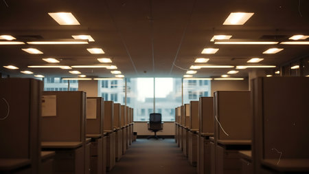 Modern office interior with rows of computer desks. Blurred background.の素材